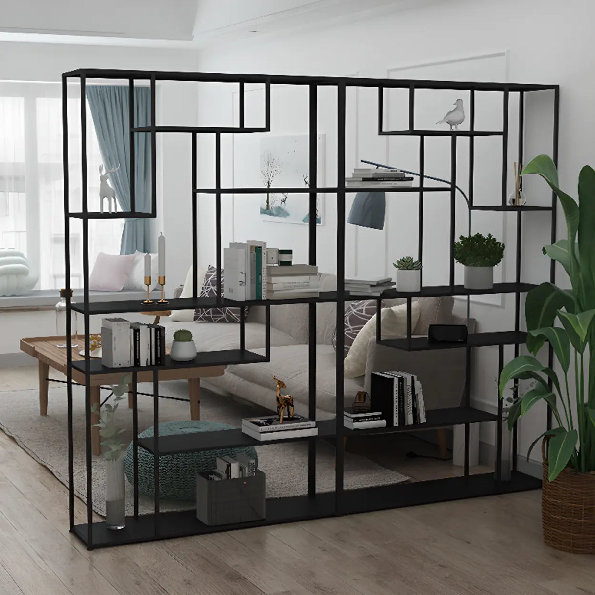 Modern Black Metal Geometric Open Etagere Bookcase Image - 3