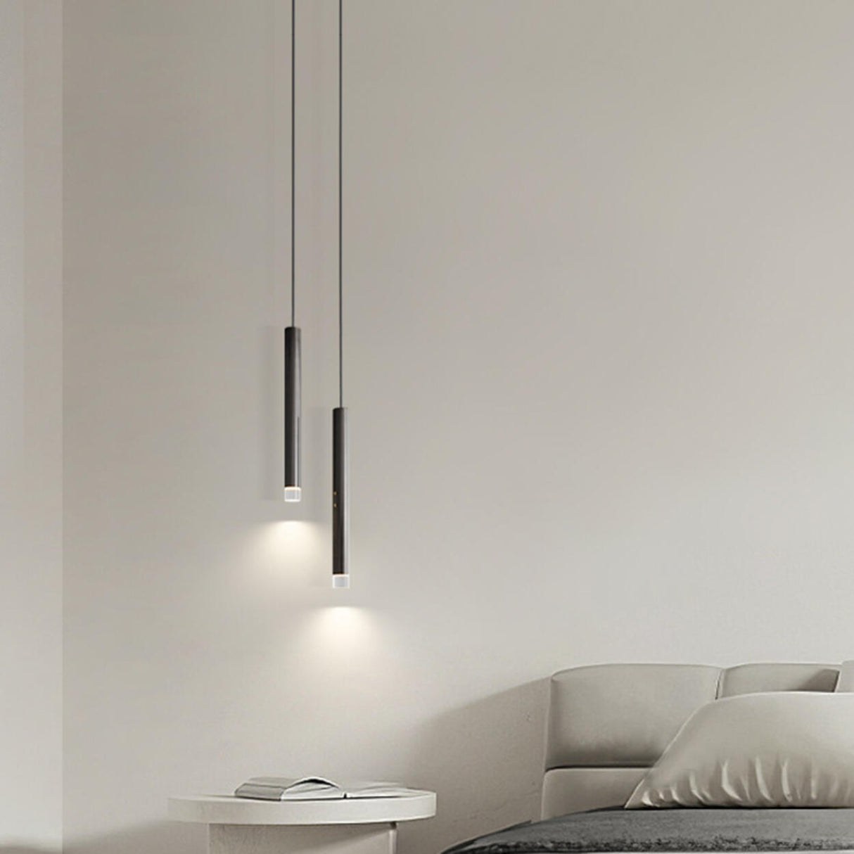 Modern Black Metal Slim Cylinder Bedroom Pendant Light Image - 13