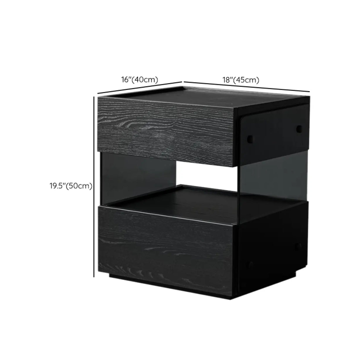 Modern Black Nightstand with Drawer and Clear Open Shelf 