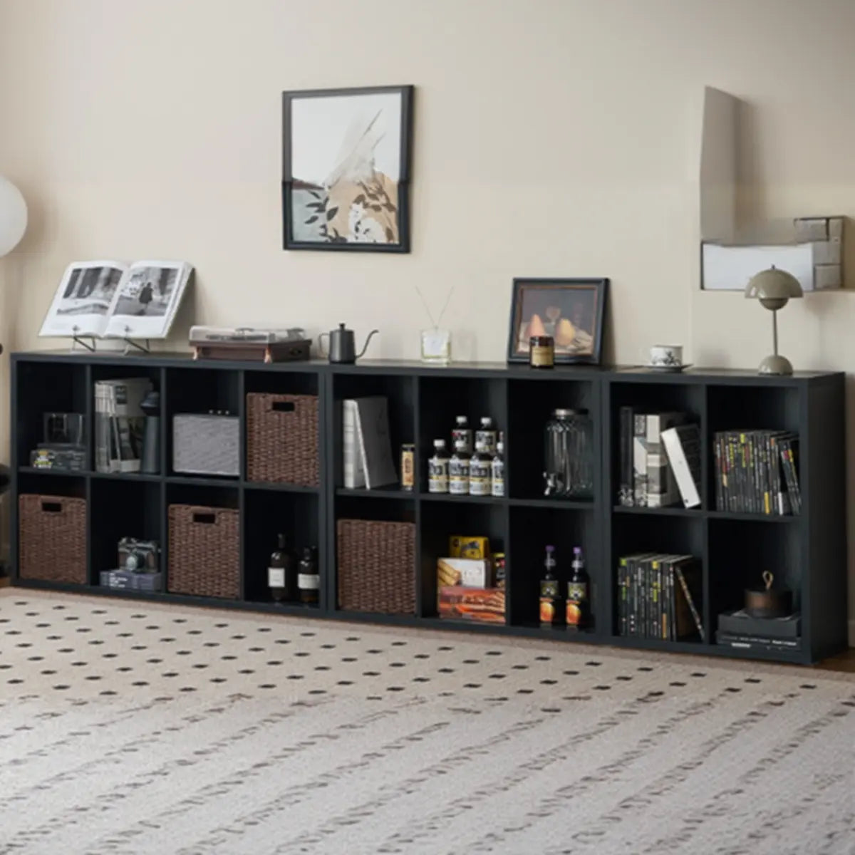 Modern Black Rectangular Cubby Storage Wide Bookcase Image - 1