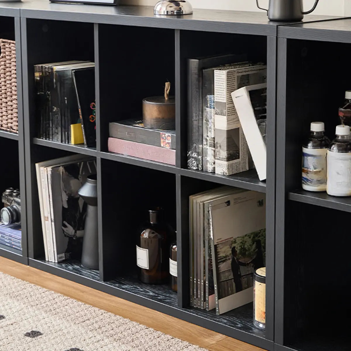 Modern Black Rectangular Cubby Storage Wide Bookcase Image - 10