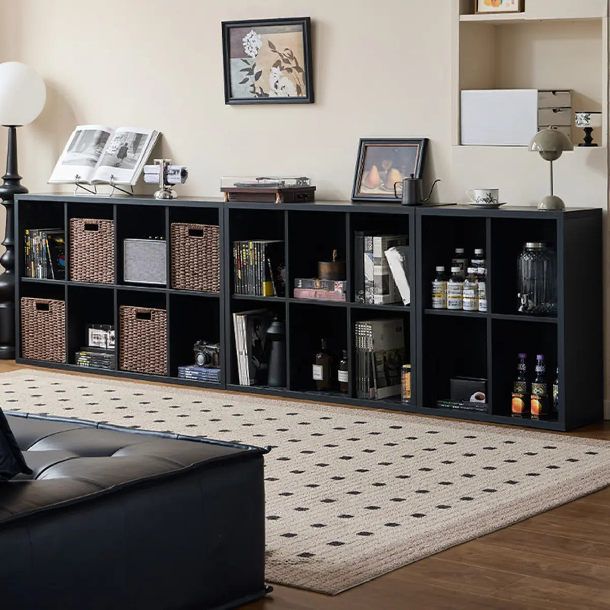 Modern Black Rectangular Cubby Storage Wide Bookcase Image - 4