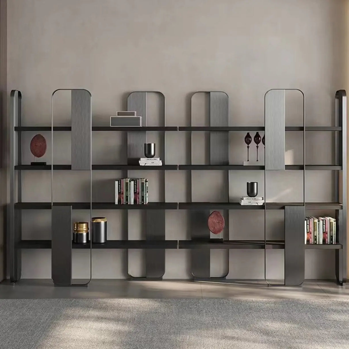 Modern Black Stainless Steel Open Etagere Bookcase Image - 7