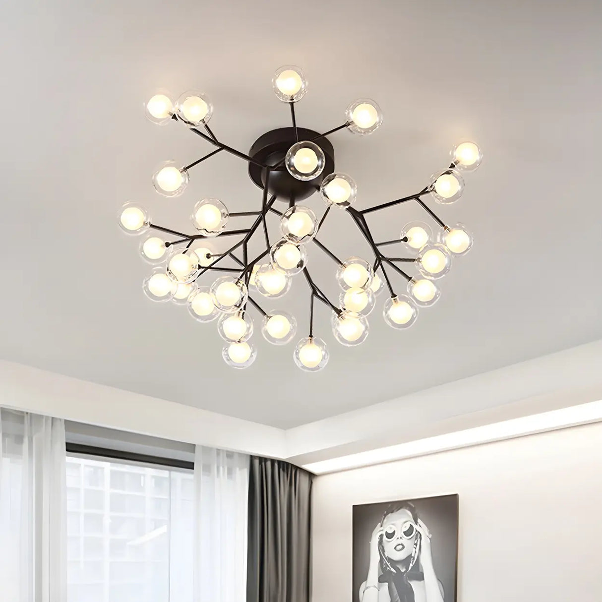 Modern Black Twig Firefly Glass Semi-Flush Mount Light Image - 15