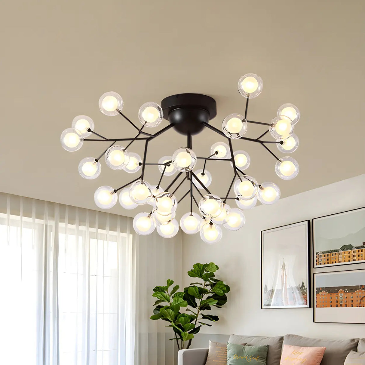 Modern Black Twig Firefly Glass Semi-Flush Mount Light Image - 2