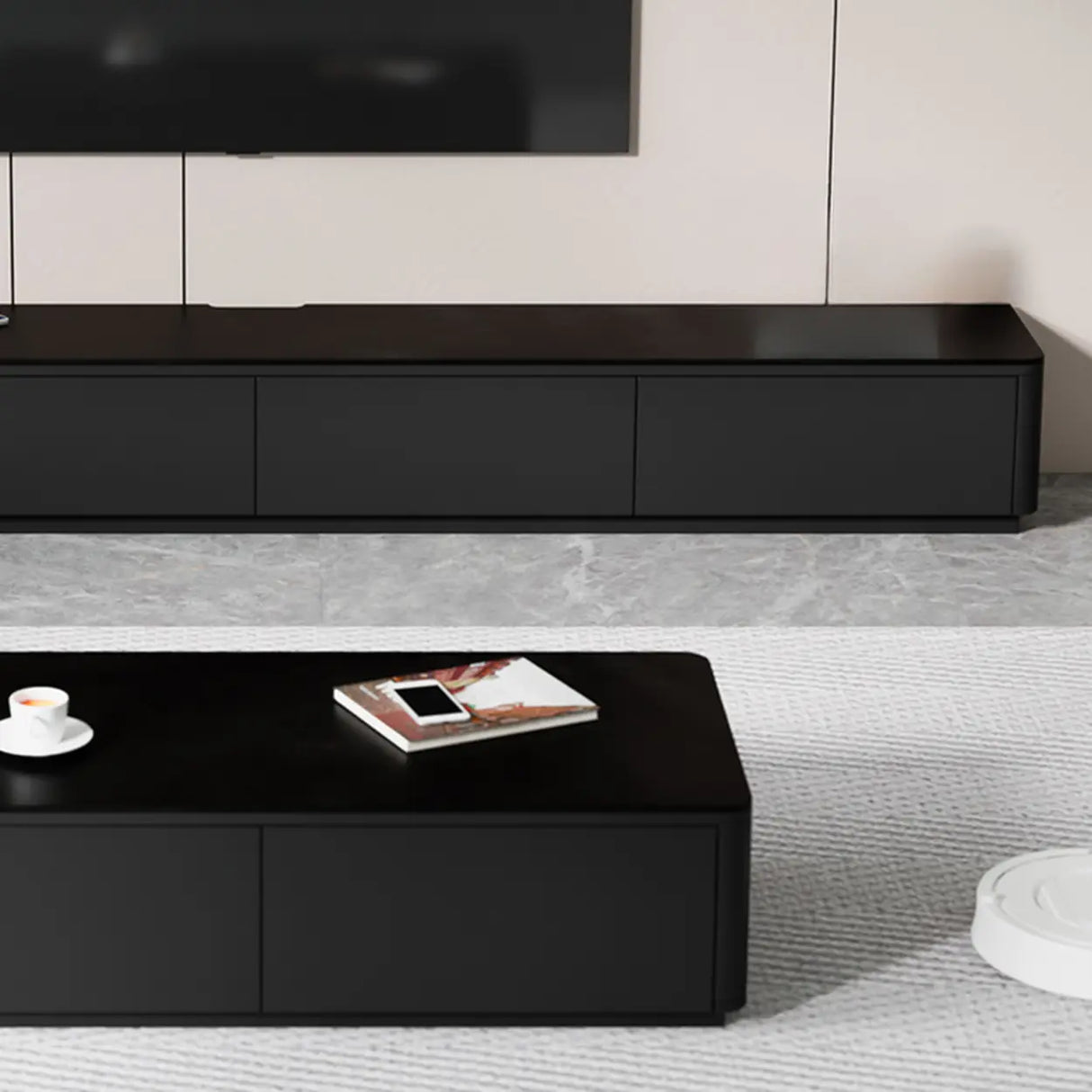 Modern Black Wood Rectangle TV Stand with Drawers Image - 11