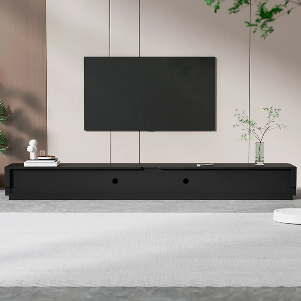 Modern Black Wood Rectangle TV Stand with Drawers Image - 12
