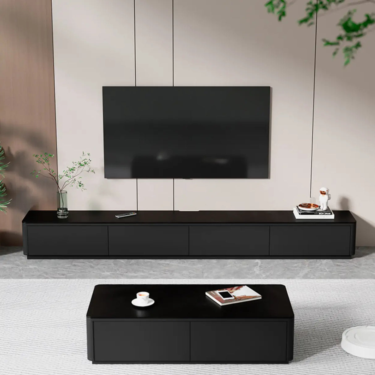 Modern Black Wood Rectangle TV Stand with Drawers Image - 6