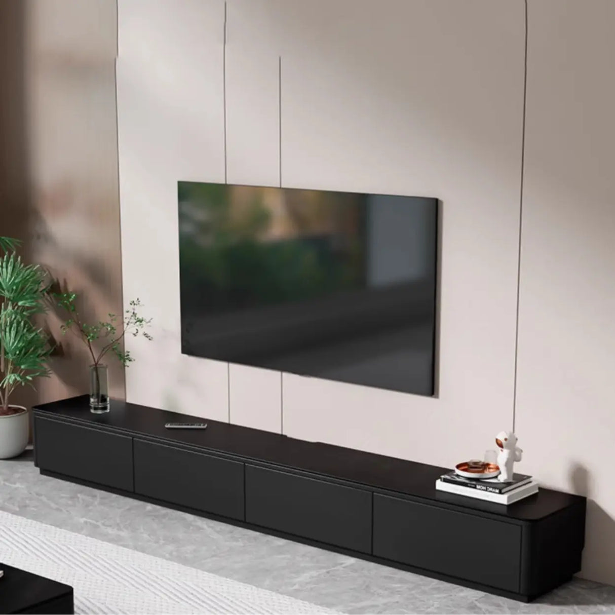 Modern Black Wood Rectangle TV Stand with Drawers Image - 7