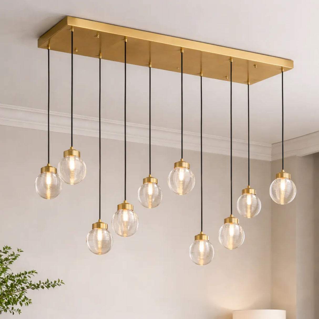 Modern Brass 10-Light Pendant Glass Globe Island Light Image - 2