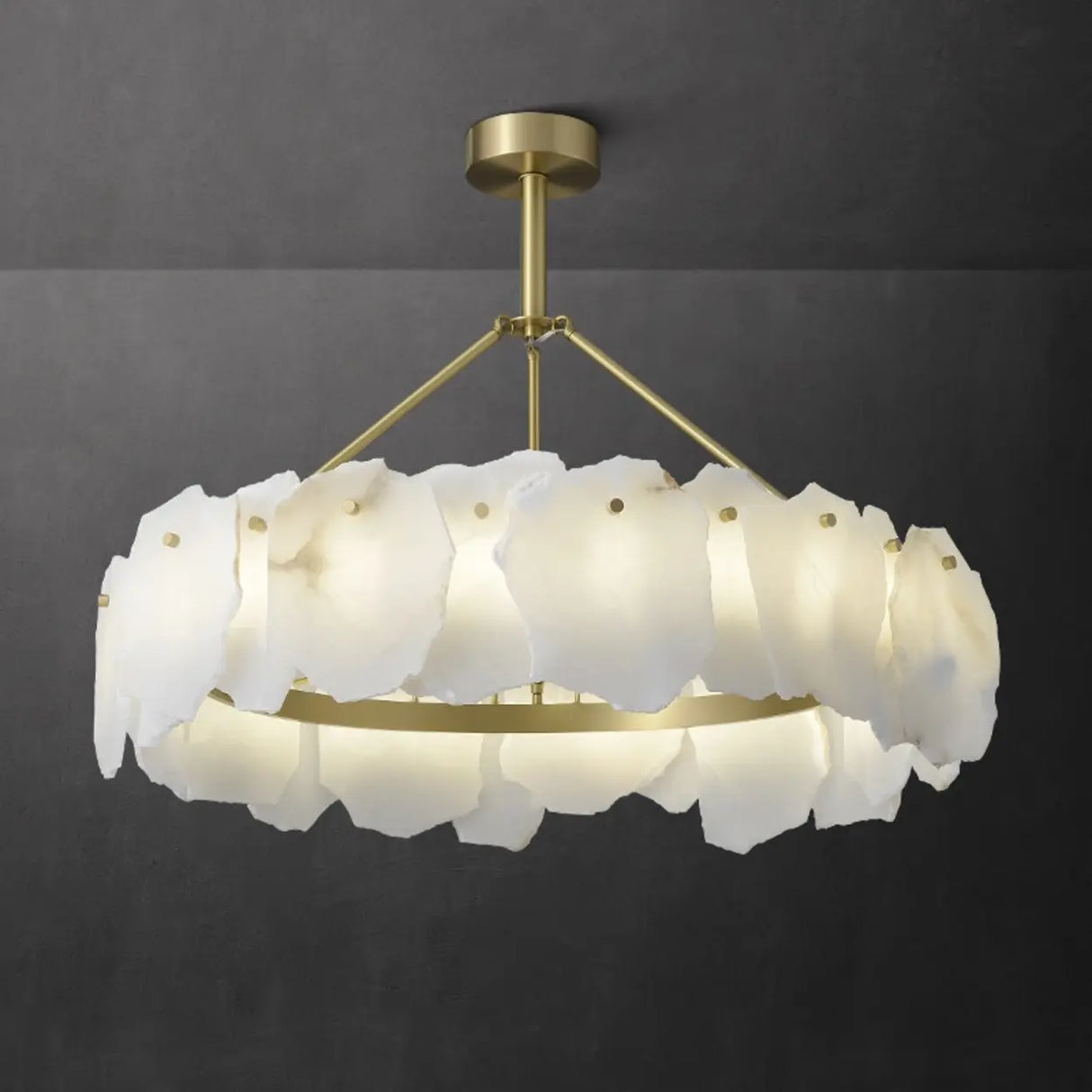 Modern Brass Downrod Circular White Alabaster Chandelier Image - 1