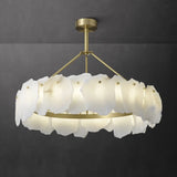 Modern Brass Downrod Circular White Alabaster Chandelier Image - 1