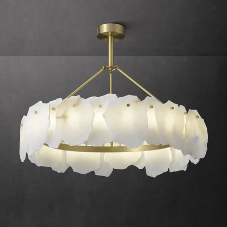 Modern Brass Downrod Circular White Alabaster Chandelier Image - 1