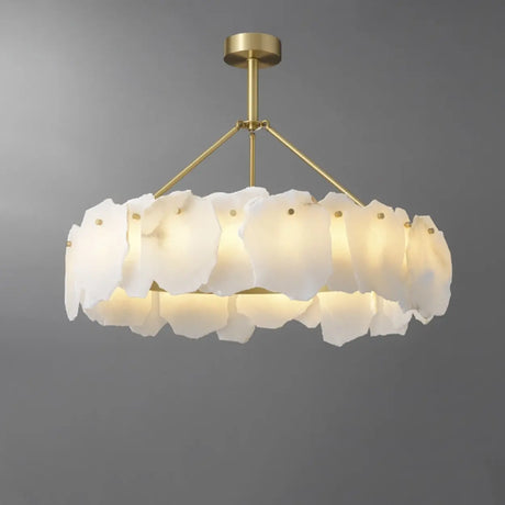 Modern Brass Downrod Circular White Alabaster Chandelier Image - 2