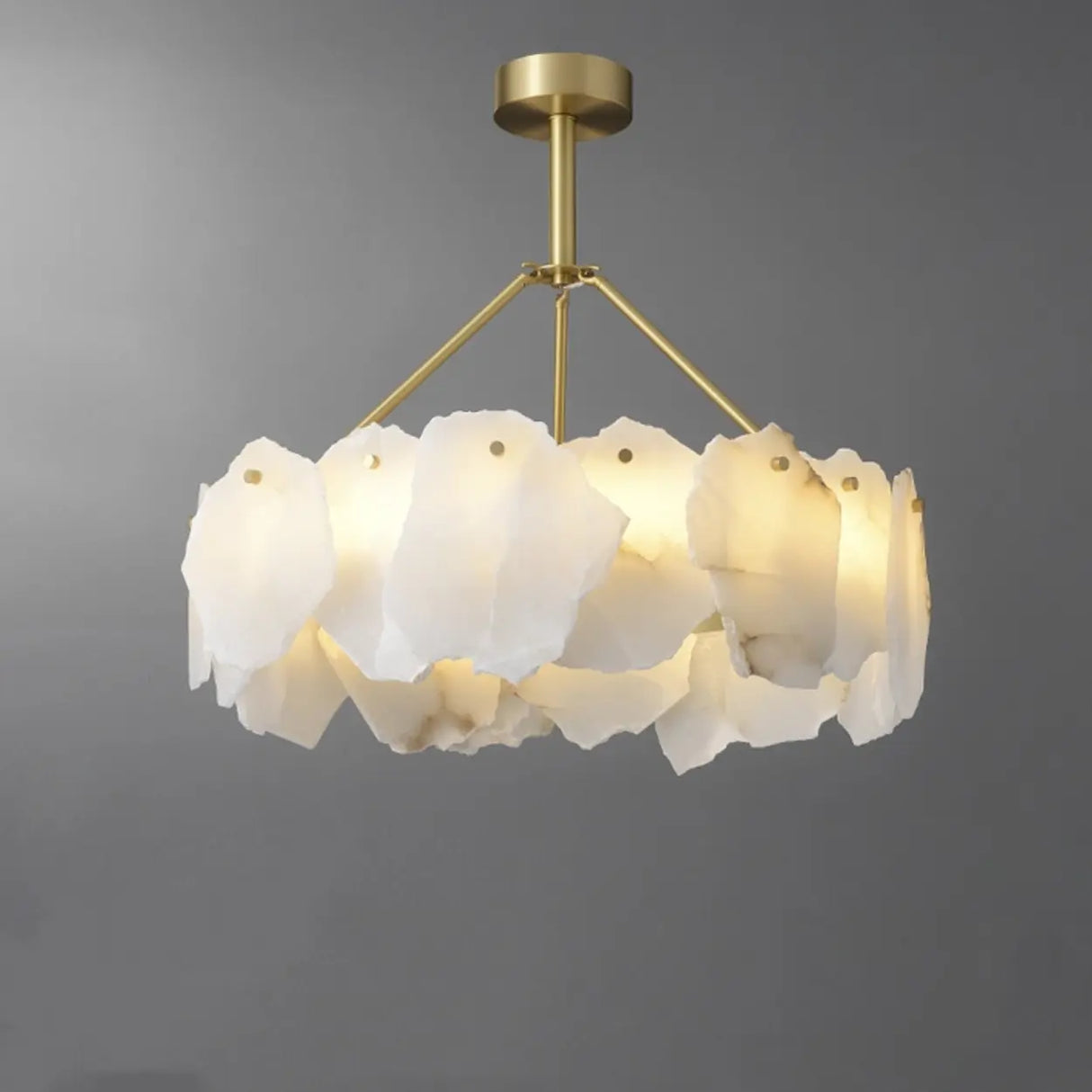 Modern Brass Downrod Circular White Alabaster Chandelier Image - 3