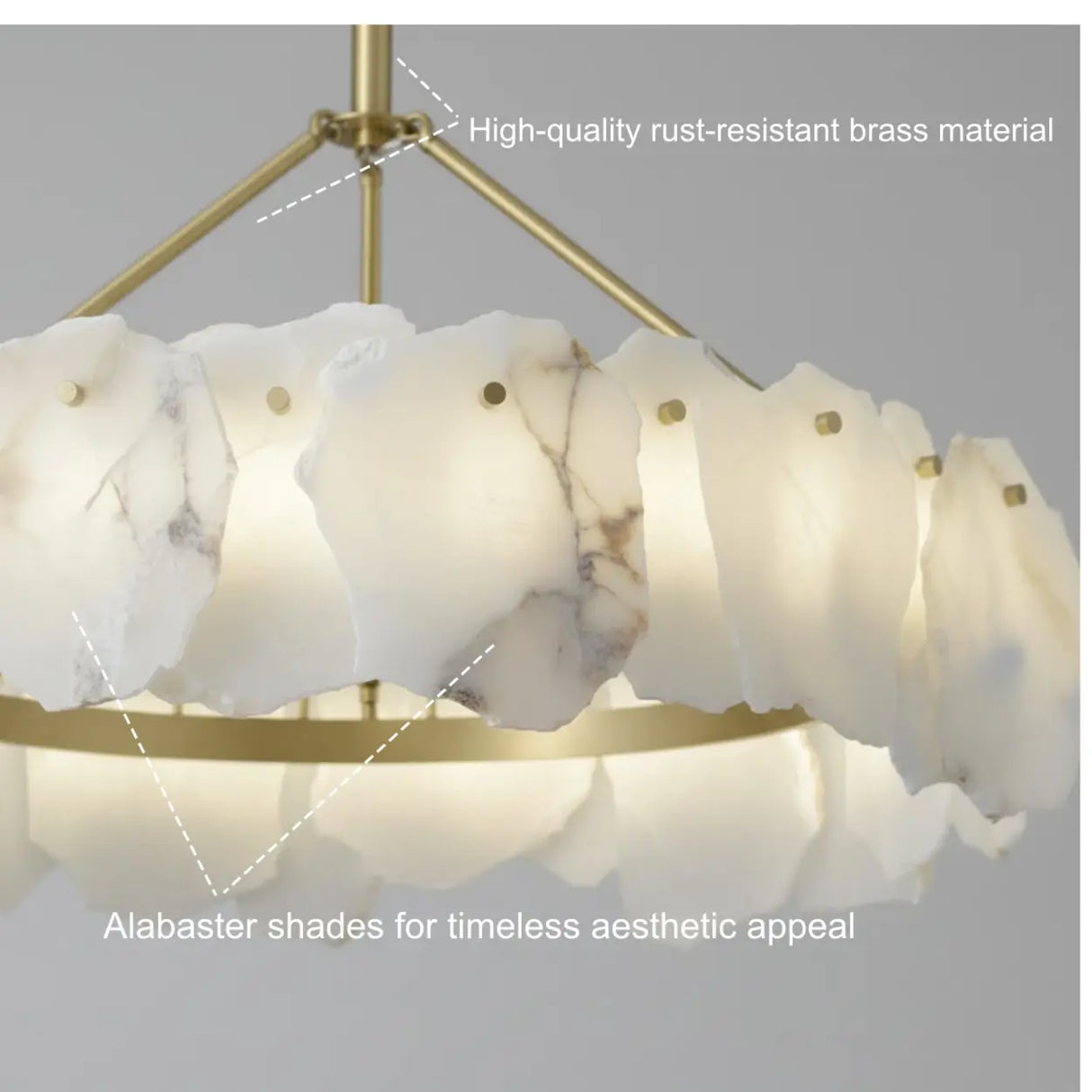 Modern Brass Downrod Circular White Alabaster Chandelier Image - 4