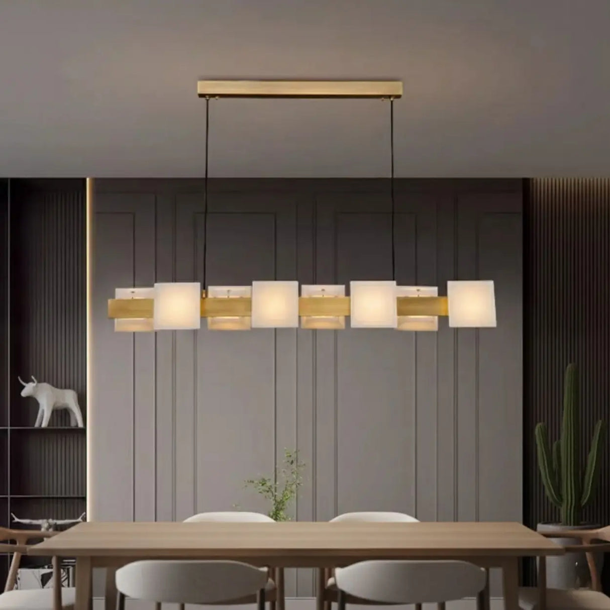 Modern Brass Linear Alabaster Cube Pendant Island Light Image - 1