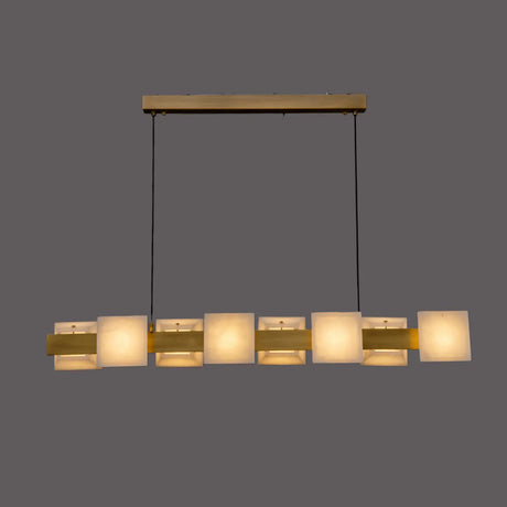 Modern Brass Linear Alabaster Cube Pendant Island Light Image - 2