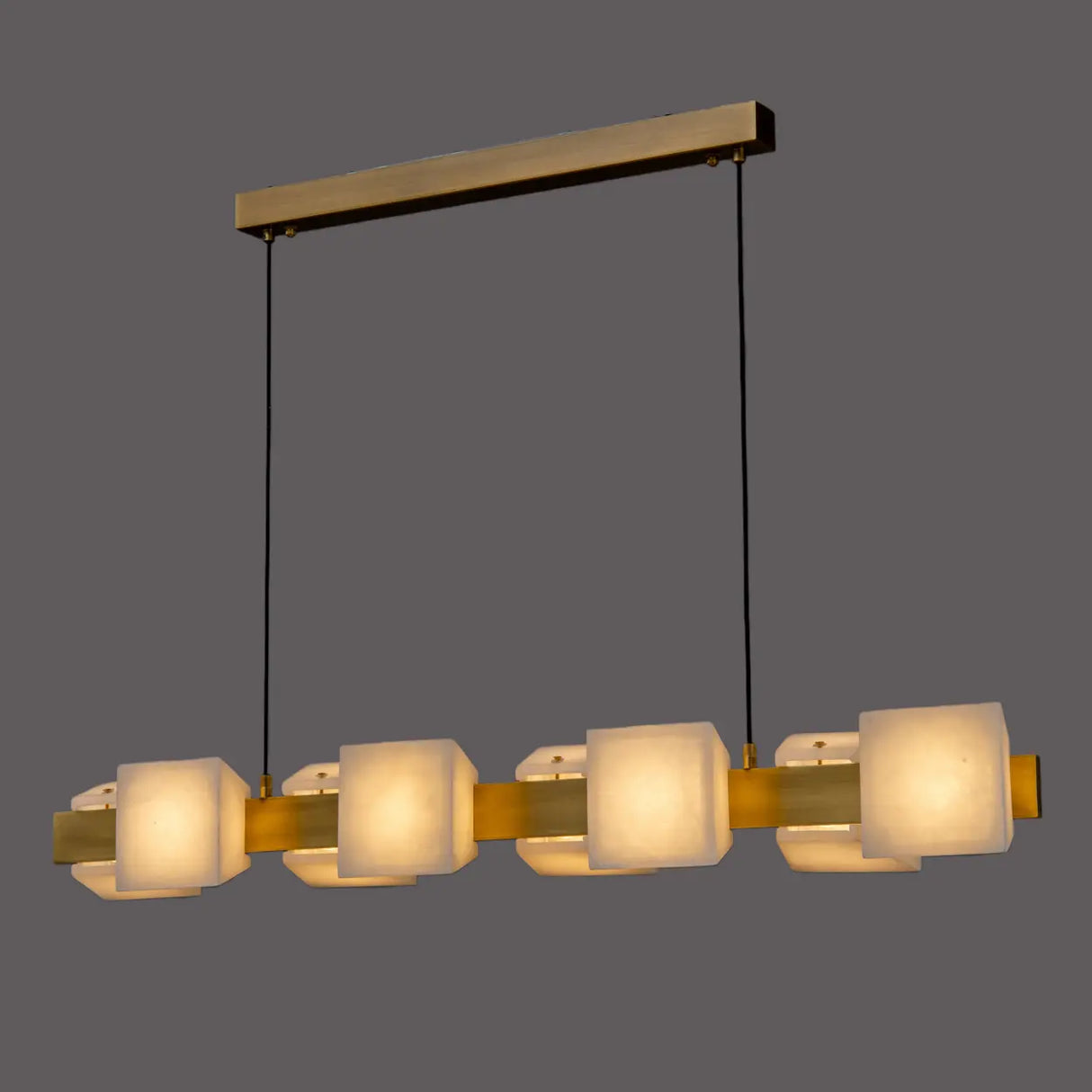 Modern Brass Linear Alabaster Cube Pendant Island Light Image - 3