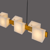 Modern Brass Linear Alabaster Cube Pendant Island Light Image - 4