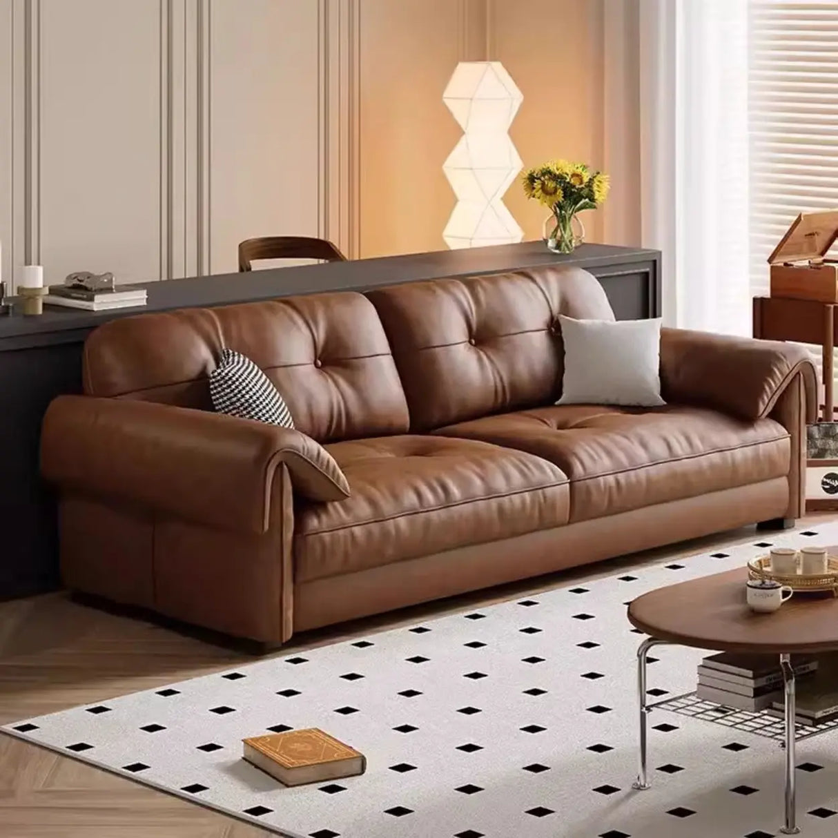 Modern Brown Cow Leather Pillow Top Arm Down Fill Sofa Image - 1