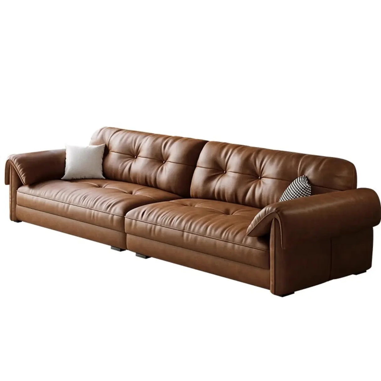 Modern Brown Cow Leather Pillow Top Arm Down Fill Sofa Image - 10