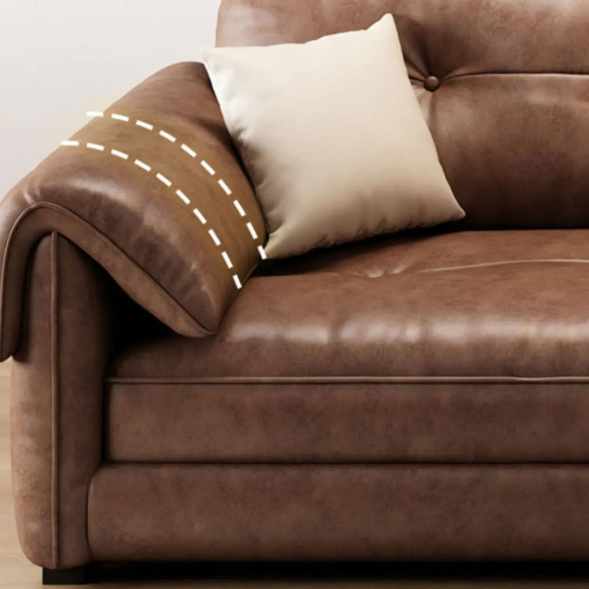 Modern Brown Cow Leather Pillow Top Arm Down Fill Sofa Image - 11
