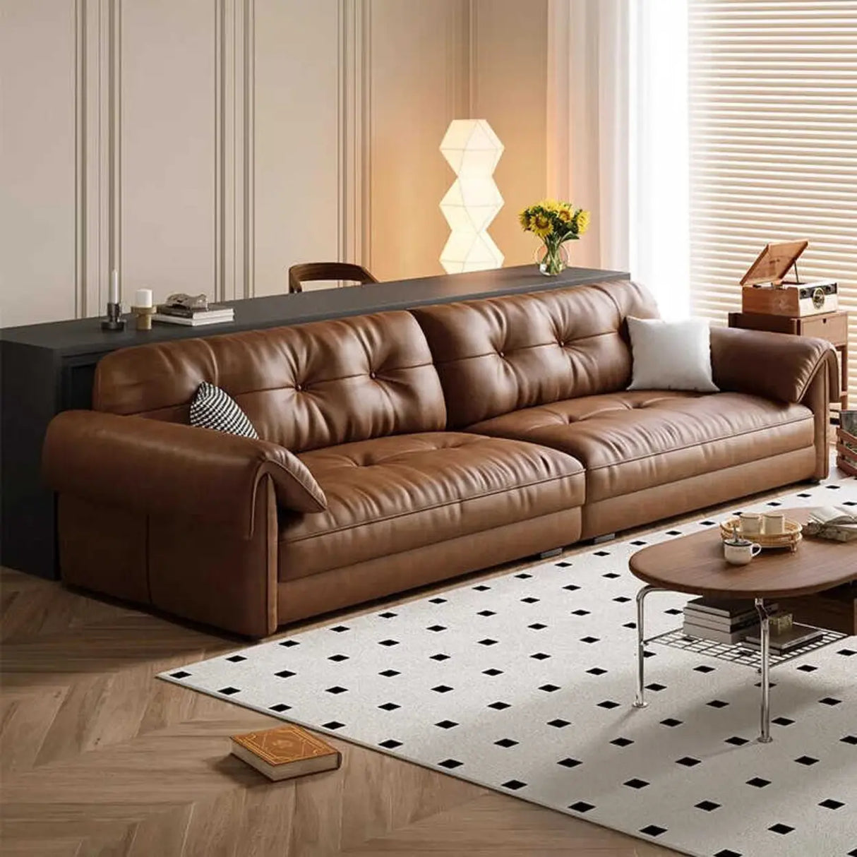 Modern Brown Cow Leather Pillow Top Arm Down Fill Sofa Image - 4