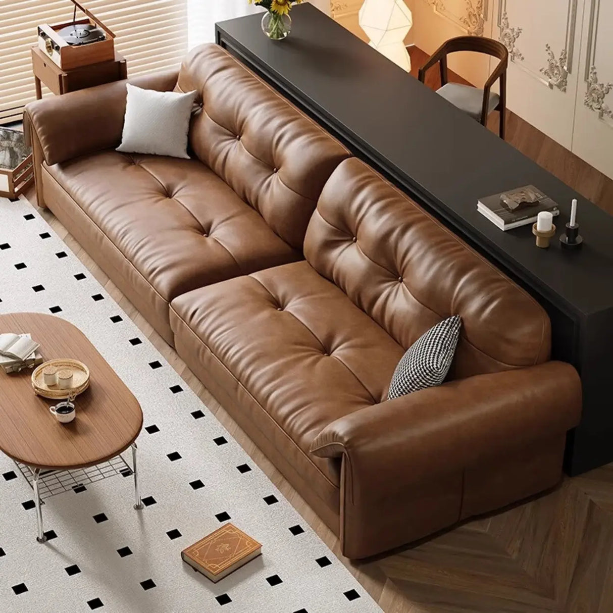 Modern Brown Cow Leather Pillow Top Arm Down Fill Sofa Image - 6