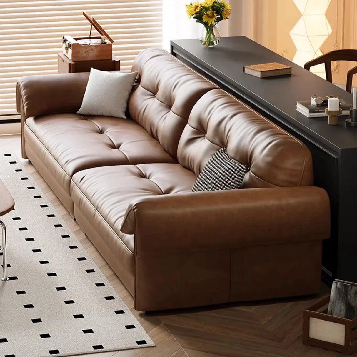 Modern Brown Cow Leather Pillow Top Arm Down Fill Sofa Image - 8
