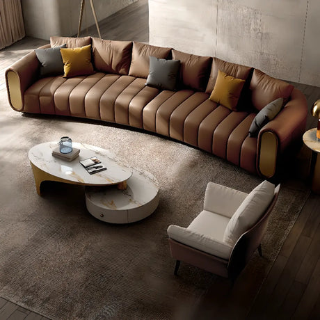 Modern Brown Curved Leather Memory Foam Fill Sofa Image - 2