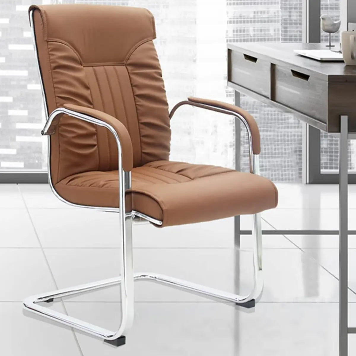 Modern Brown Ergonomic Leather Office Chair with Arms Image - 5