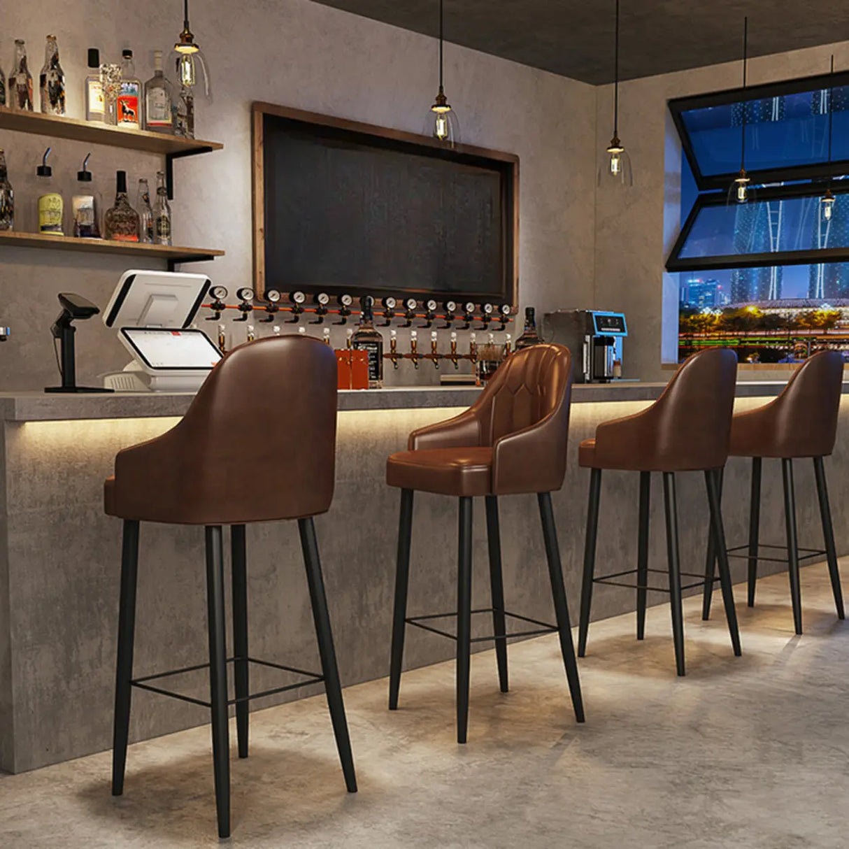 Modern Brown Square Leather Bar Stool with Backrest Image - 1