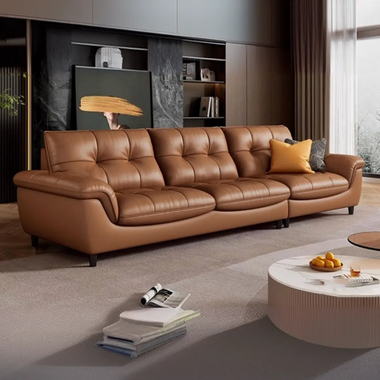 Modern Brown Tear Resistant Full Grain Cow Leather Sofa Image - 9