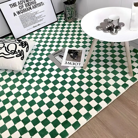 Modern Checkered Polyester Green Anti-Slip Rug Image - 1