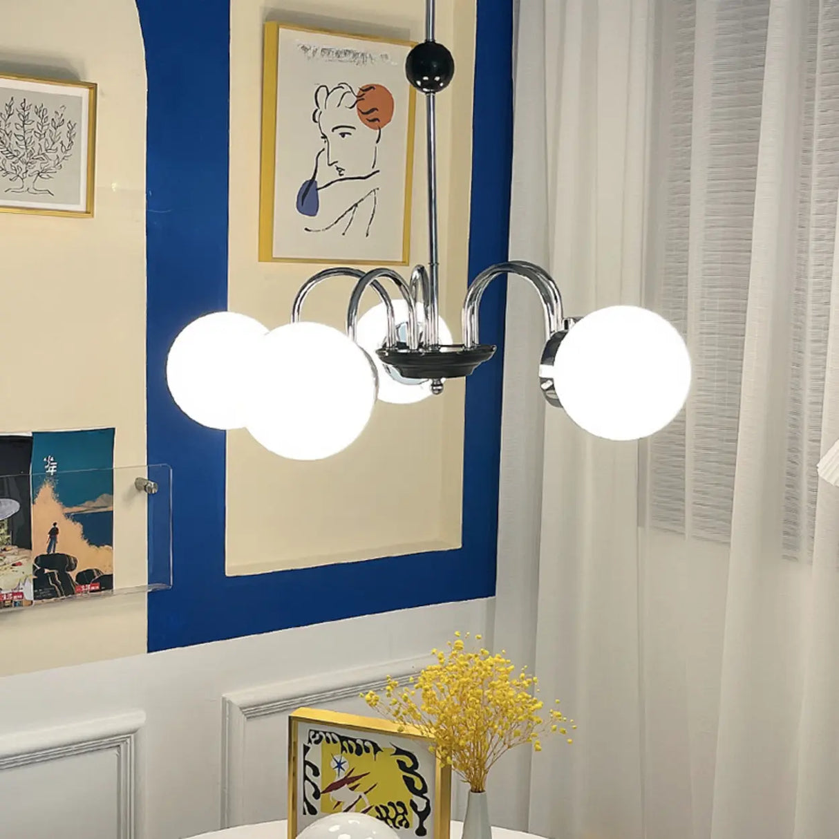 Modern Chrome Globe Pendant Chandelier - 4 Bulbs Image - 3