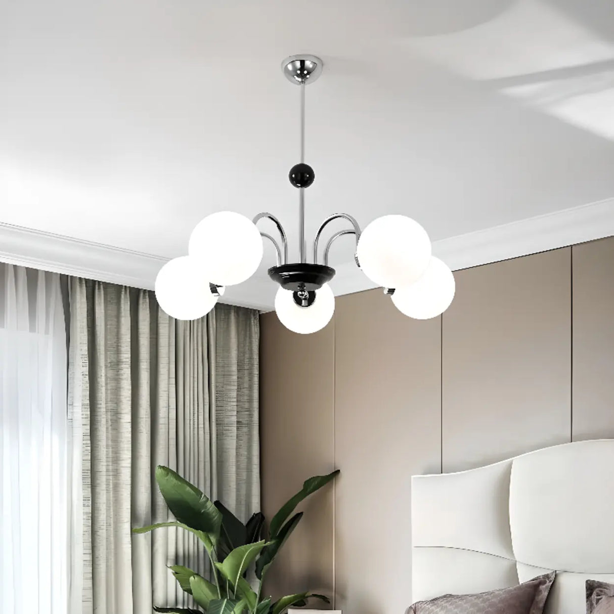 Modern Chrome Globe Pendant Chandelier - 4 Bulbs Image - 4