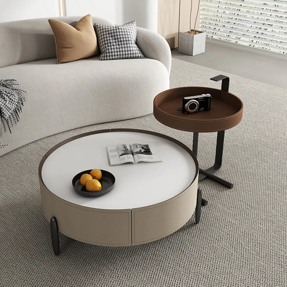 Modern Circular Stone Leather Nesting Coffee Table Image - 1