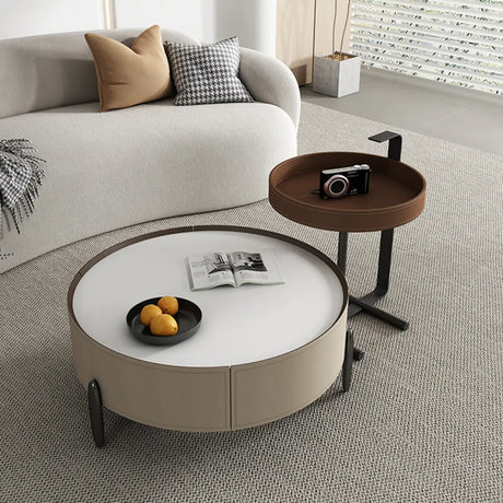 Modern Circular Stone Leather Nesting Coffee Table Image - 1