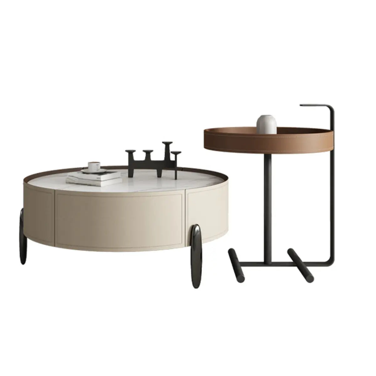 Modern Circular Stone Leather Nesting Coffee Table Image - 10