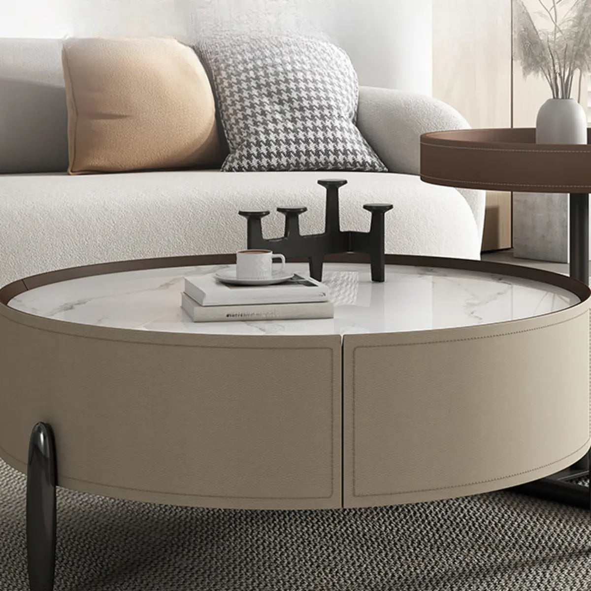 Modern Circular Stone Leather Nesting Coffee Table Image - 11