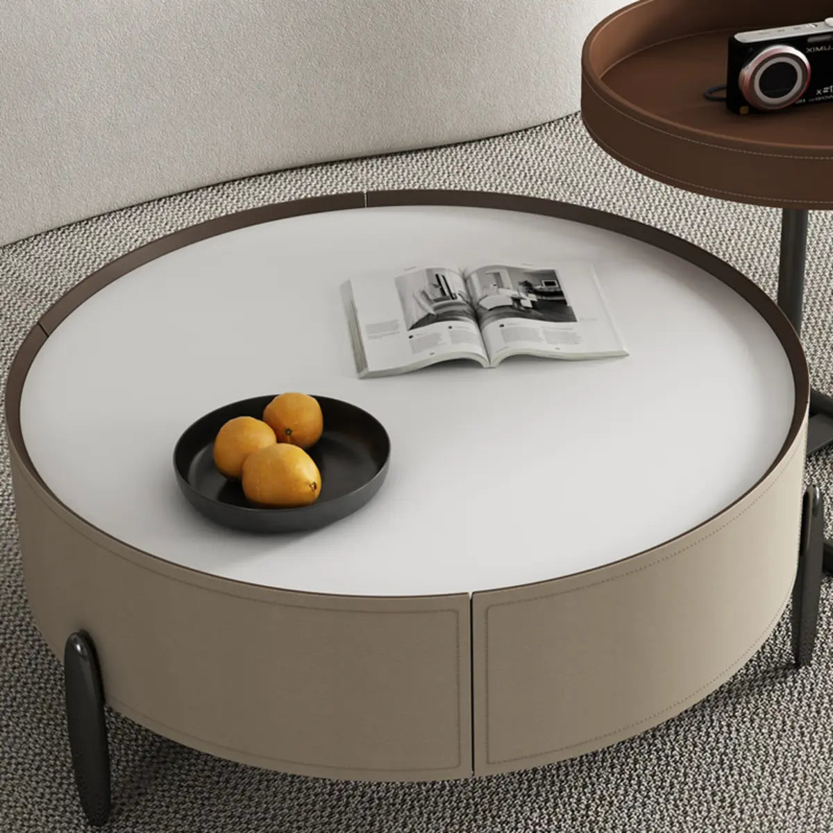 Modern Circular Stone Leather Nesting Coffee Table Image - 12