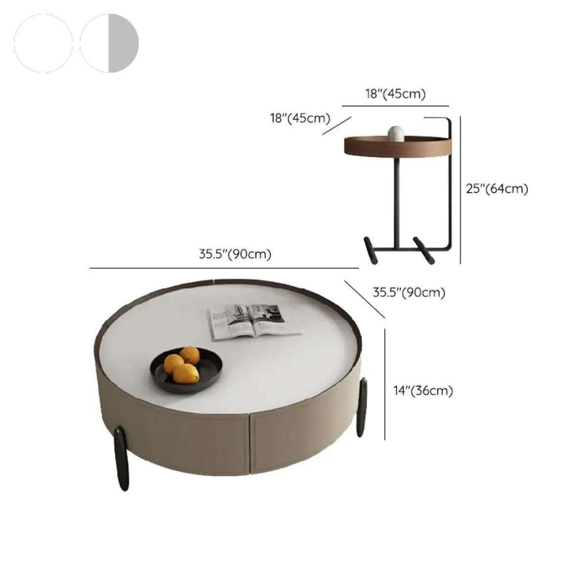 Modern Circular Stone Leather Nesting Coffee Table Image - 16