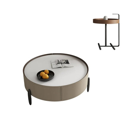 Modern Circular Stone Leather Nesting Coffee Table Image - 2