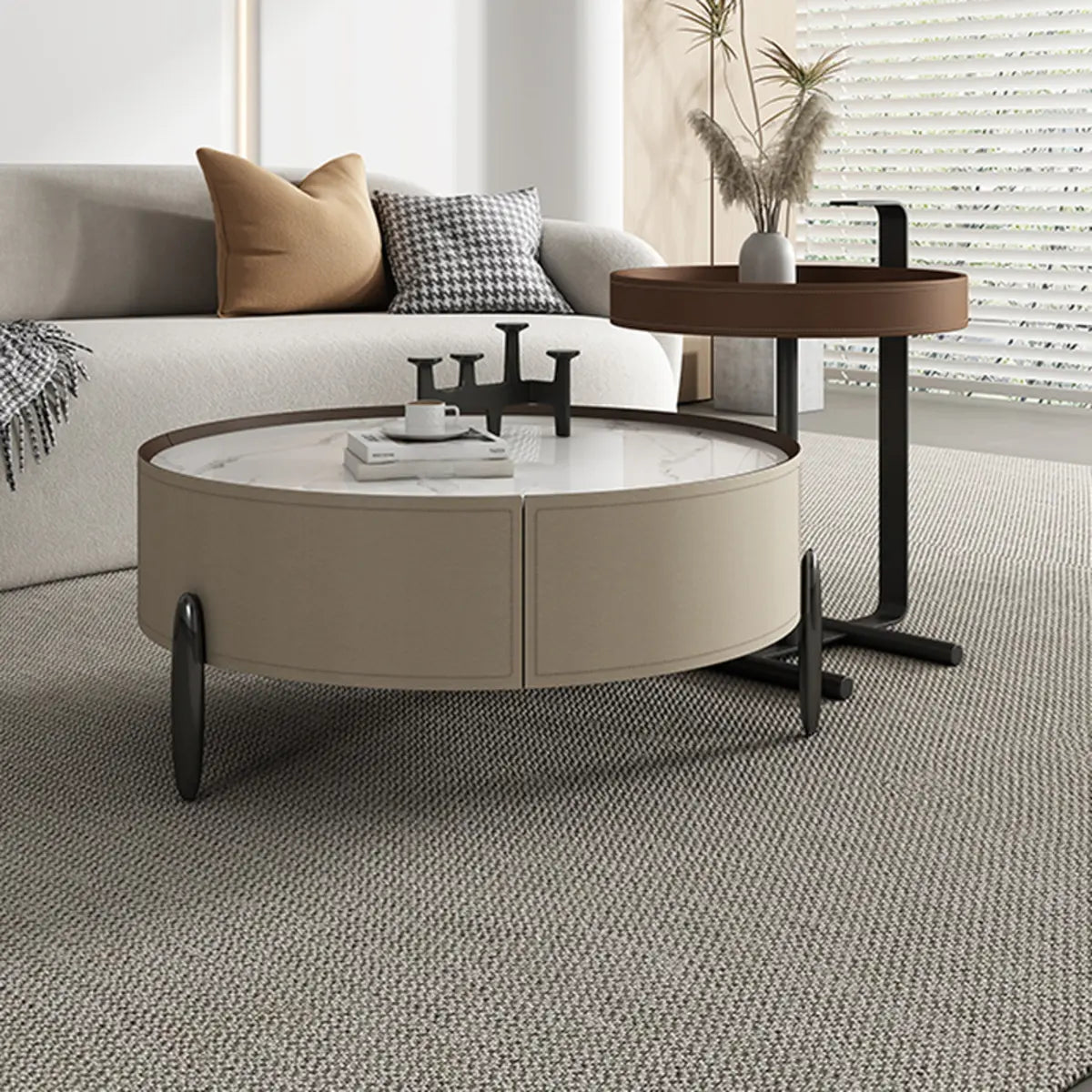 Modern Circular Stone Leather Nesting Coffee Table Image - 4