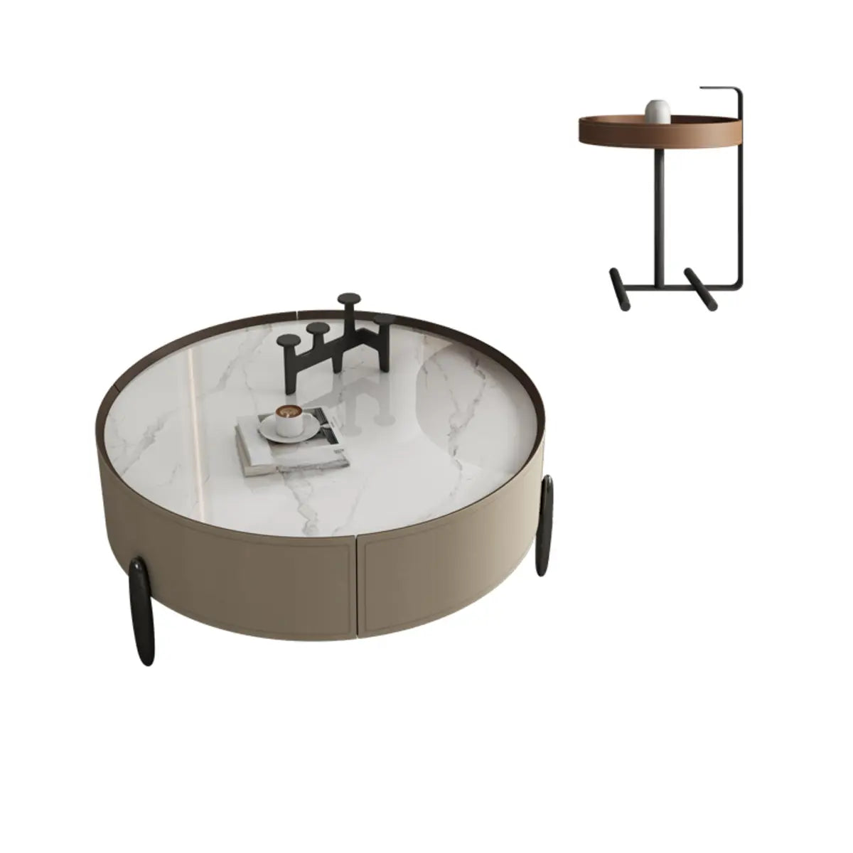 Modern Circular Stone Leather Nesting Coffee Table Image - 5