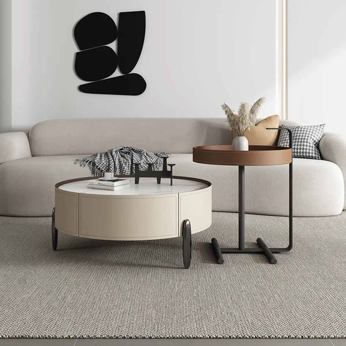 Modern Circular Stone Leather Nesting Coffee Table Image - 6
