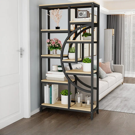 Modern Circular Wooden Black Large Display Bookcase Image - 2