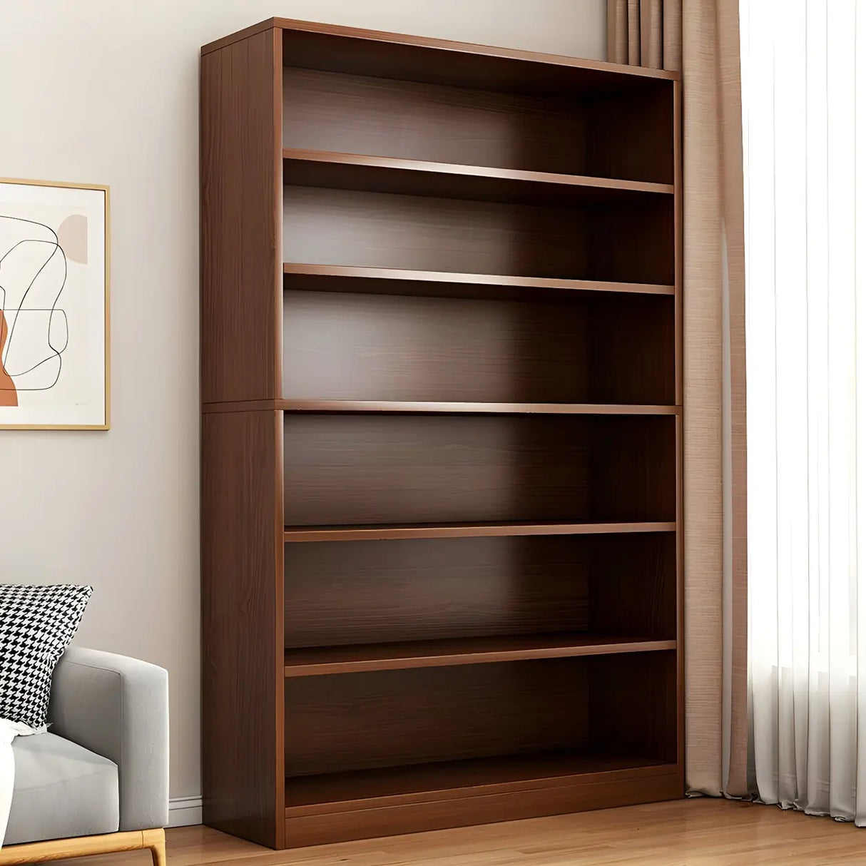 Modern Closed Back 6 Shelves Large Dark Wood Bookcase Image - 7