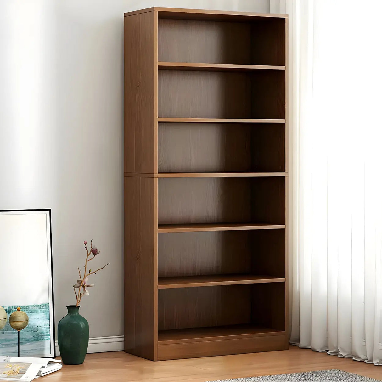 Modern Closed Back 6 Shelves Large Dark Wood Bookcase Image - 8